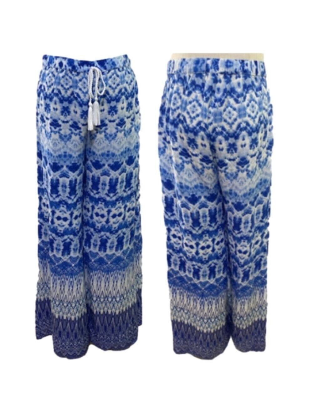 BOHEMIAN WIDE LEG CLASSIC WHITE PANT BLUE & WHITE GEOMETRIC PRINT EUC SZ M